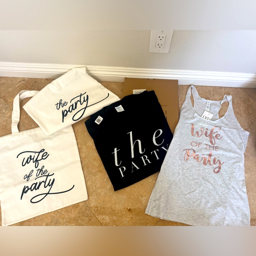 Wife of the party and the party shirts and matching totes